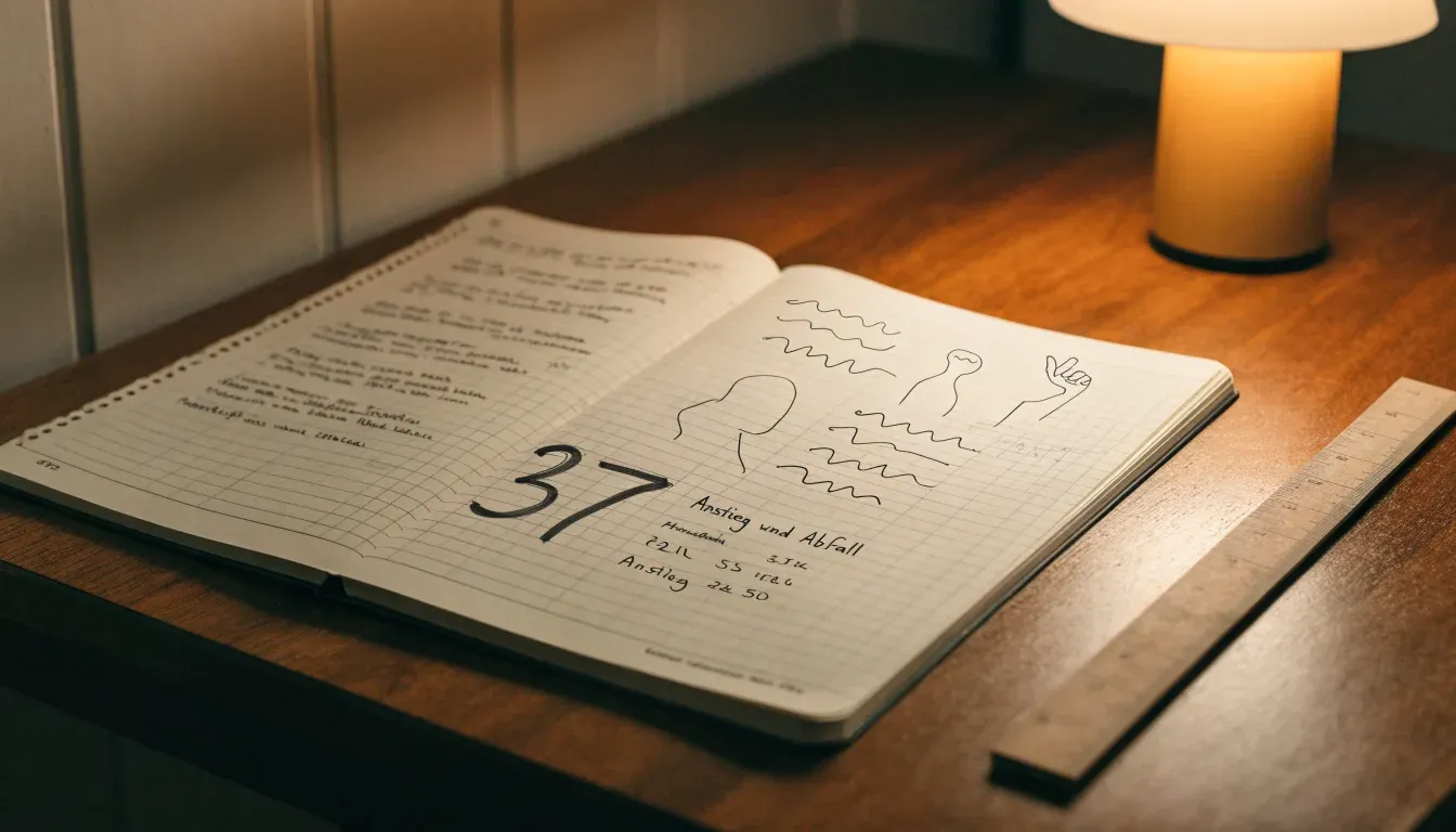 Eine Schreibtischlampe beleuchtet ein kariertes Heft mit handschriftlichen Skizzen, daneben liegt ein Lineal aus Holz.