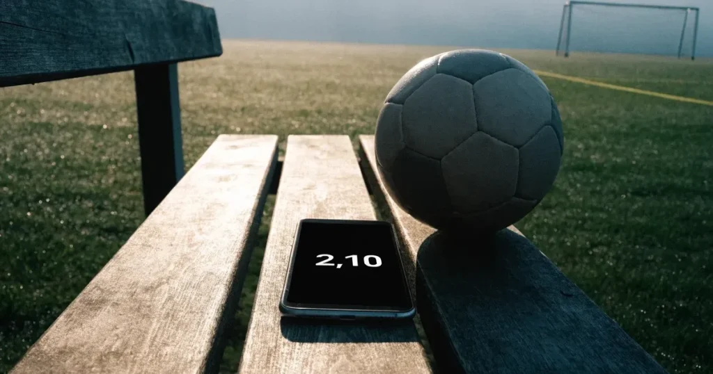 Ein Smartphone mit dunklem Bildschirm liegt neben einem Fussball auf einer Holzbank am Rand eines Trainingsplatzes im Morgenlicht.