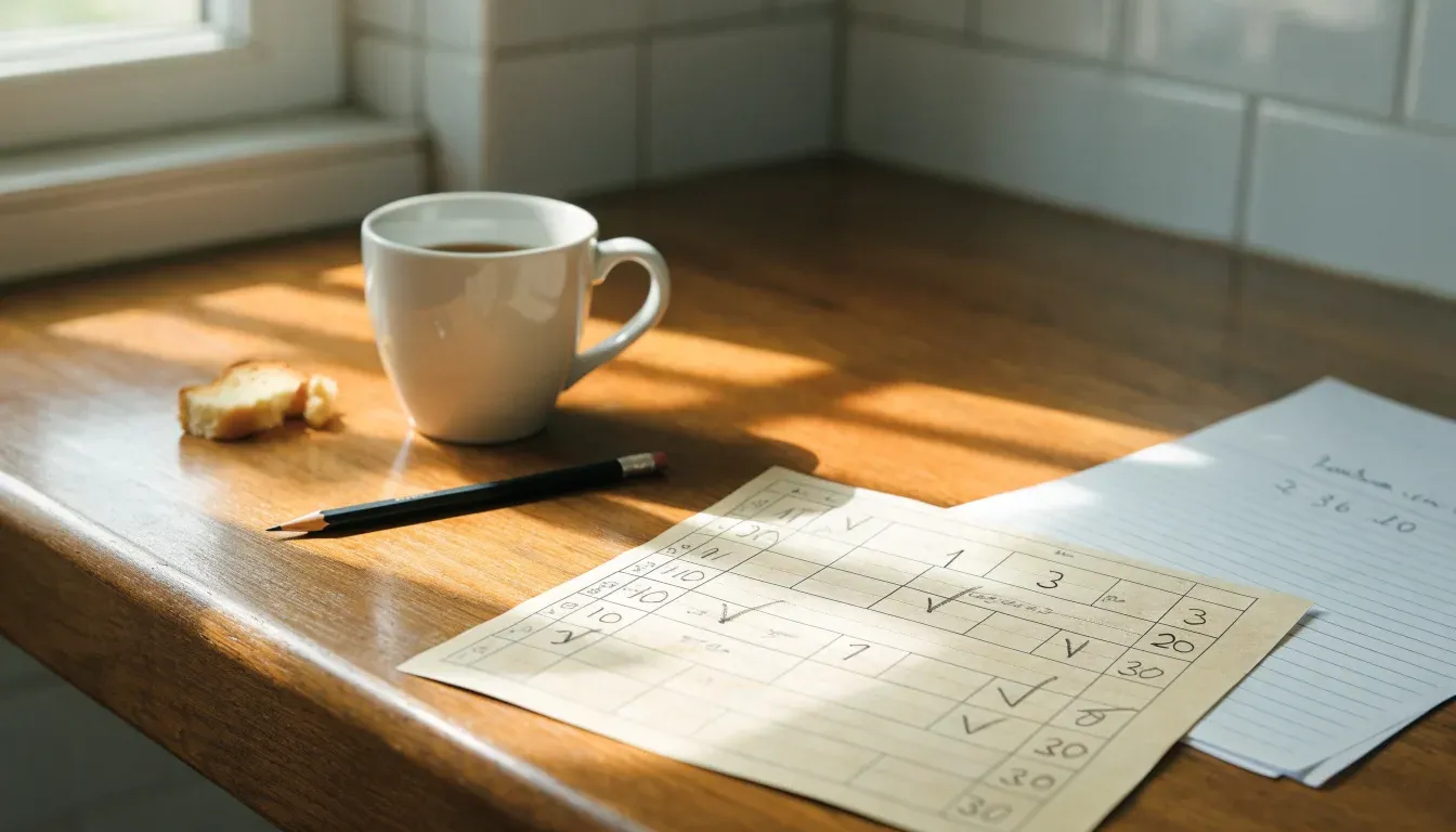Eine Tasse Kaffee und ein Bleistift liegen auf einem sonnenbeschienenen Küchentisch neben einem leeren Notizblock.