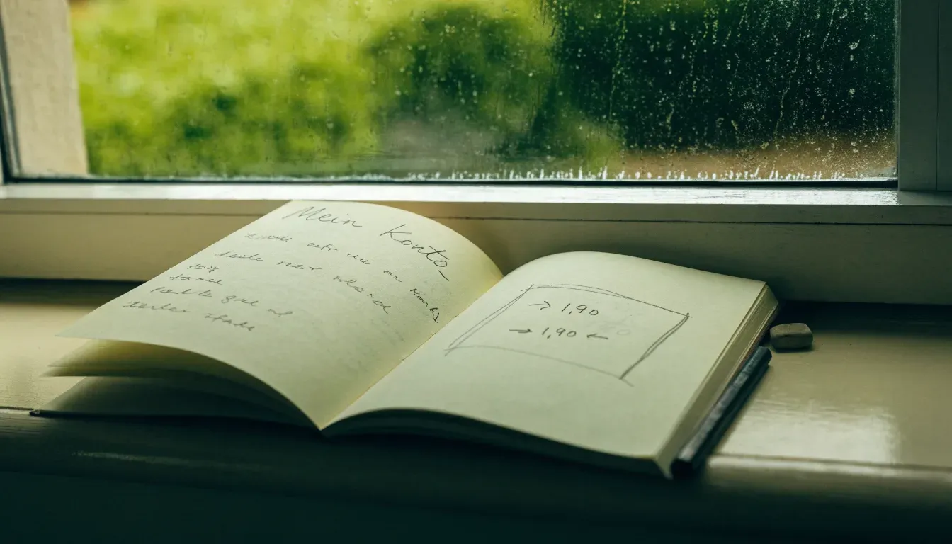 Ein Zeichenblock mit einem Bleistift und einem Radiergummi liegt auf einem Fensterbrett, draussen fällt Regen.