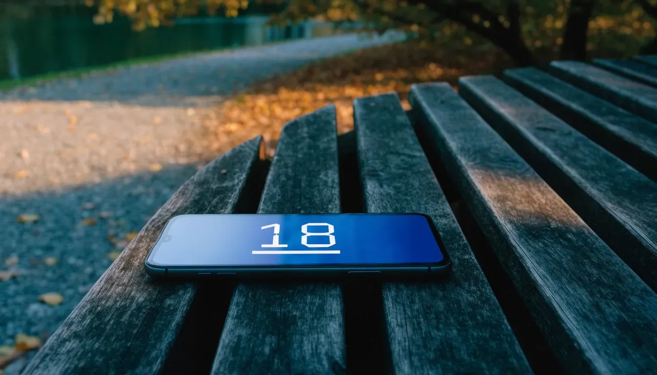 Eine Parkbank unter einer Kastanie, Herbstlaub bedeckt den Kiesweg, im Hintergrund ein stiller Teich.