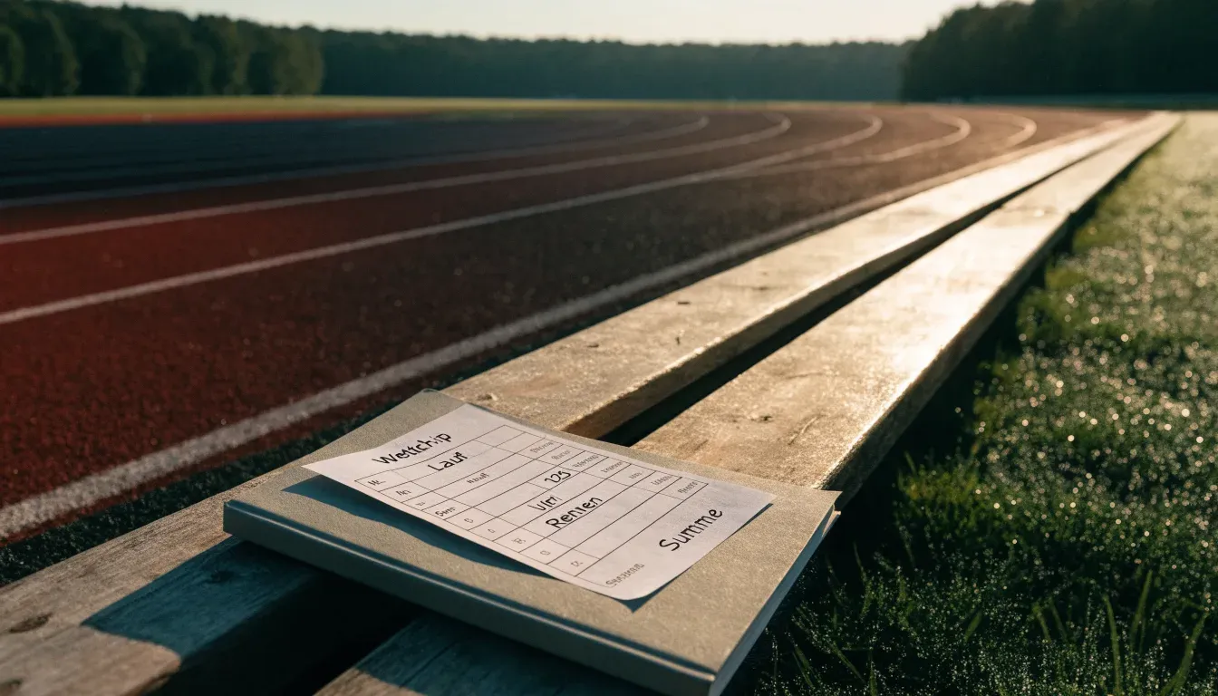 Eine leere Tartanbahn einer Leichtathletikanlage am frühen Morgen, Tau auf den Rasenflächen daneben und tiefstehende Sonne.