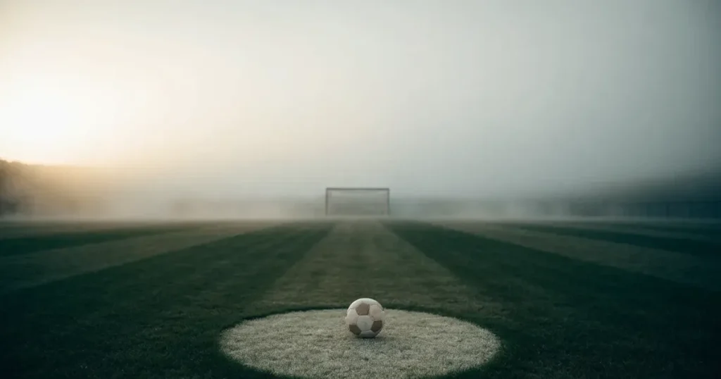Ein Fussball liegt auf dem Anstosspunkt eines leeren Rasenplatzes im dichten Morgennebel.