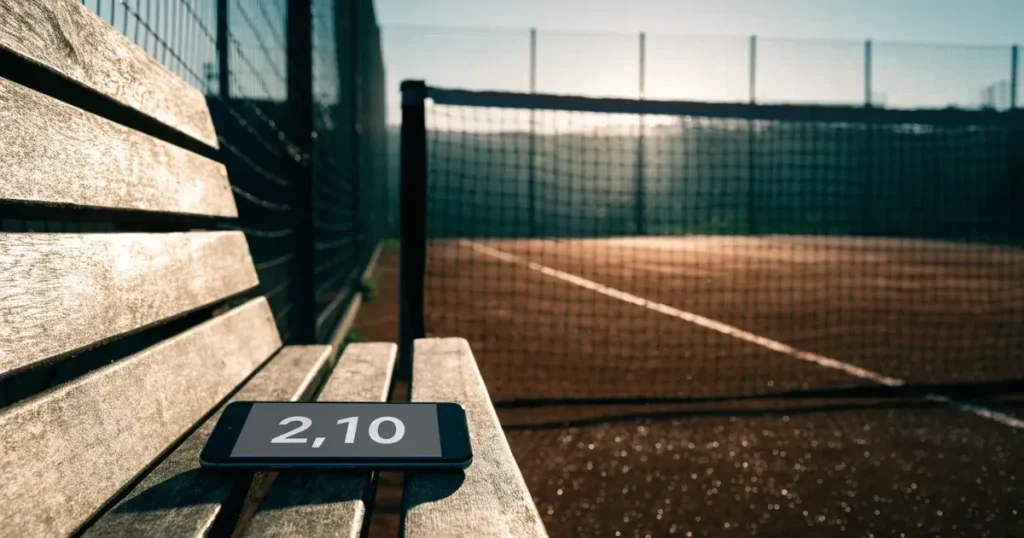 Ein Tennisplatz bei Sonnenaufgang mit gespanntem Netz und feuchtem Sandbelag, niemand steht auf dem Platz.