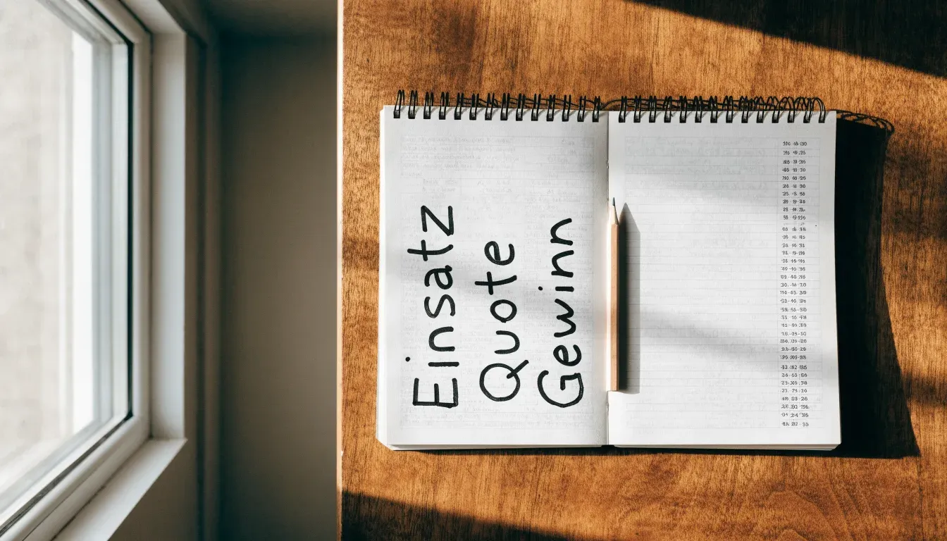 Ein aufgeschlagenes Notizbuch mit handschriftlichen Spalten und ein Bleistift liegen auf einem Holztisch neben einem Fenster.