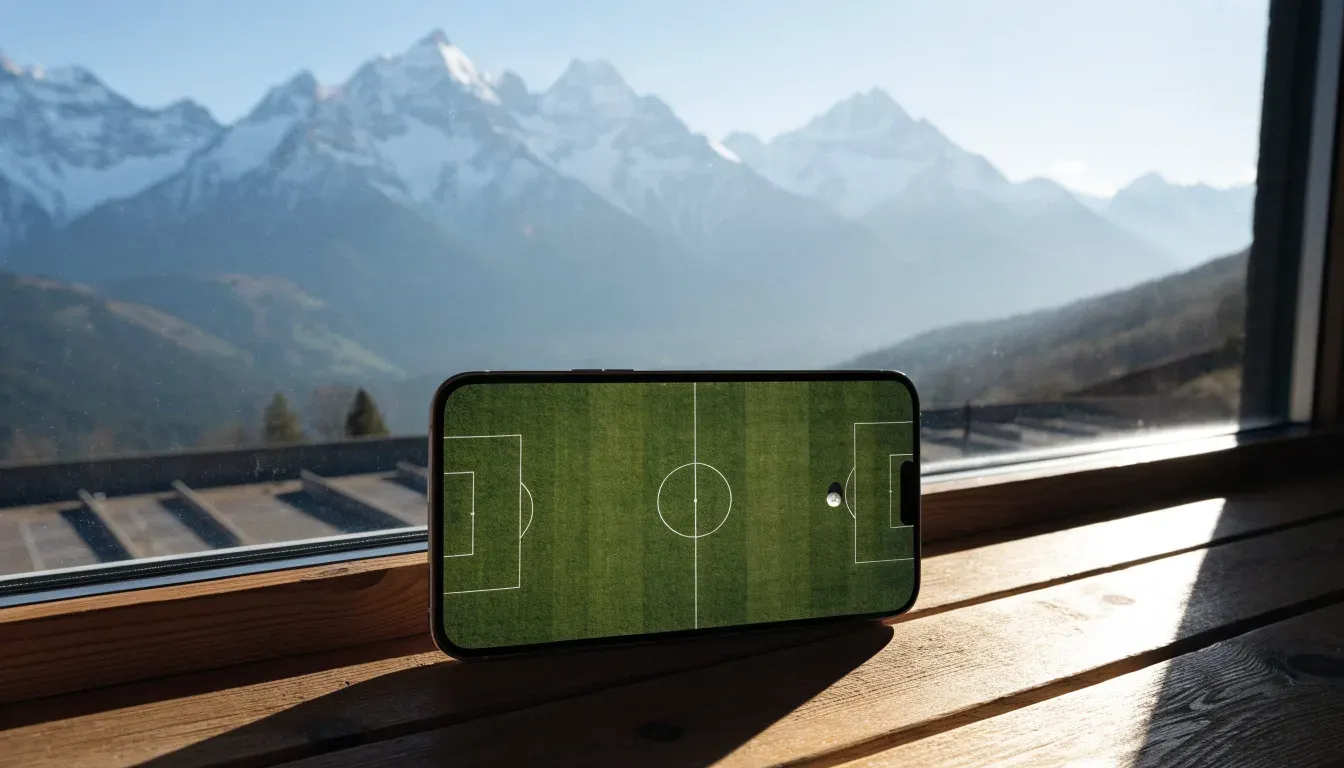 Hinter einem leeren Stadion ragen verschneite Berggipfel in den klaren Morgenhimmel, davor ein Parkplatz im ersten Sonnenlicht.