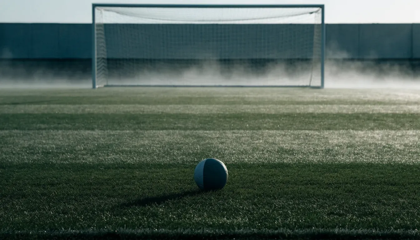 Ein Tennisplatz aus Sand liegt im Morgengrauen still da, Nebel hängt über der Grundlinie und dem aufgespannten Netz.