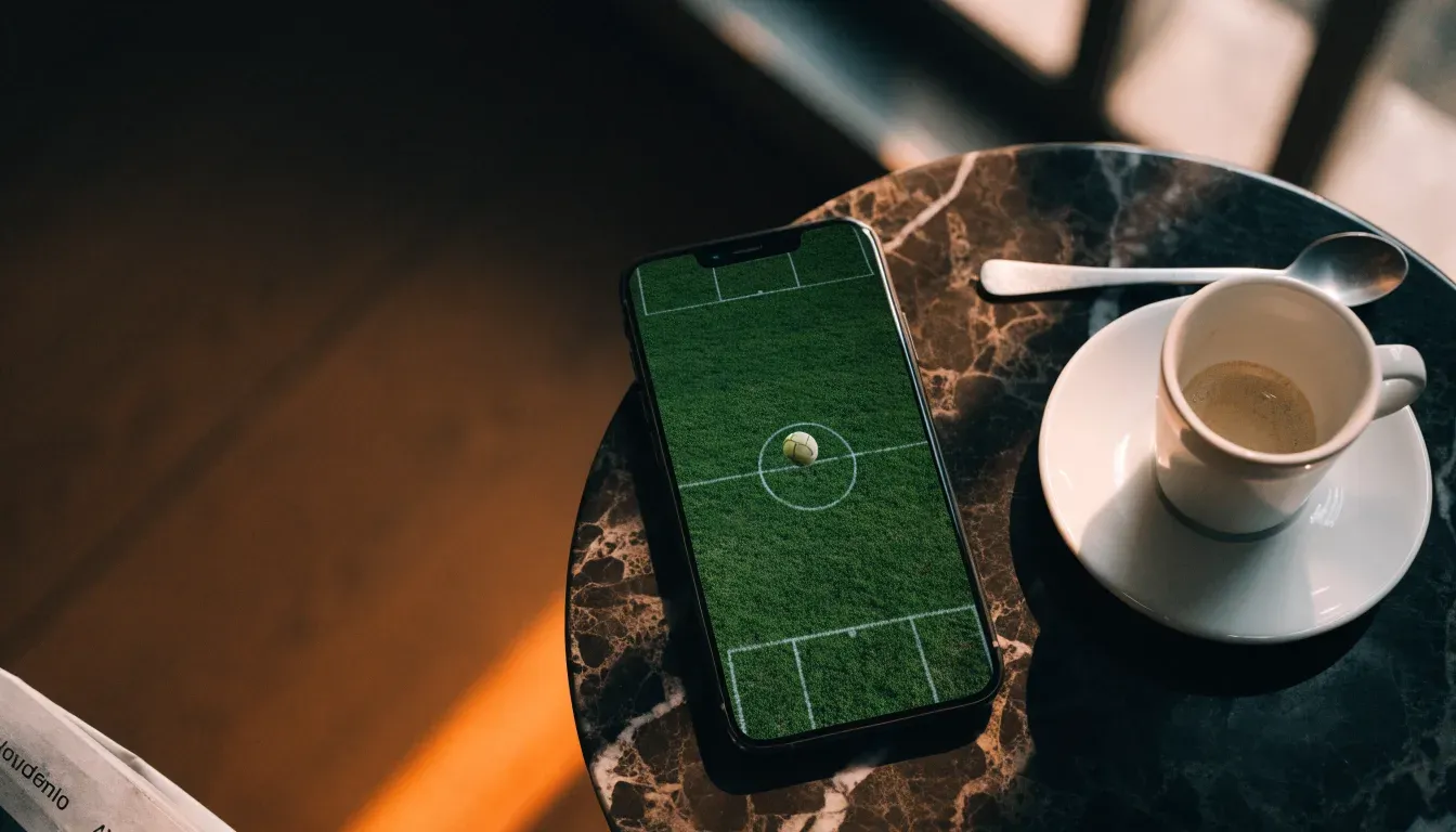 Ein Smartphone liegt mit der Rückseite nach oben auf einem Kaffeehaustisch neben einer Tasse und einem Löffel.