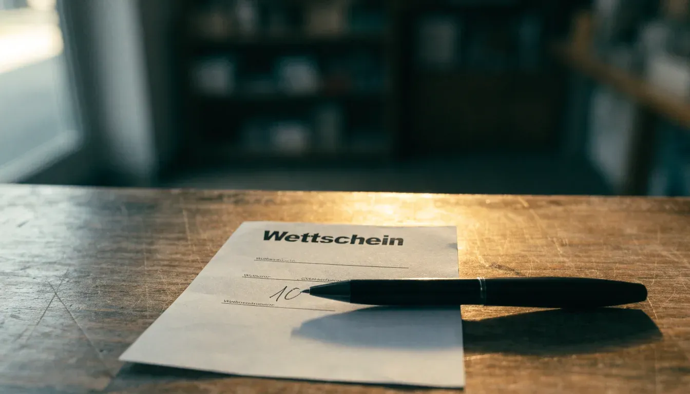 Ein unbeschriebener Papierwettschein und ein Kugelschreiber liegen auf einer hölzernen Ladentheke im Tageslicht.