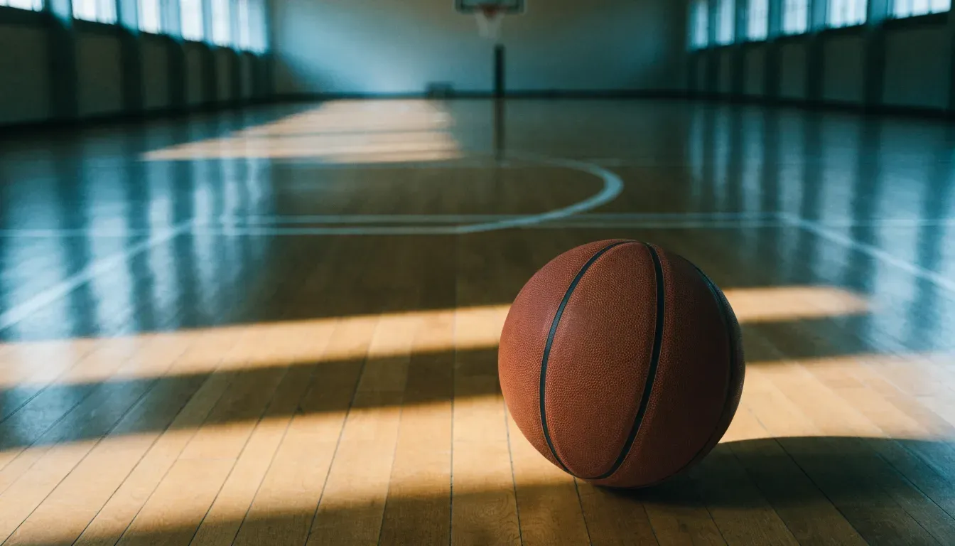 Ein Basketball ruht auf dem Parkett einer leeren Sporthalle, durch hohe Fenster fällt Tageslicht.