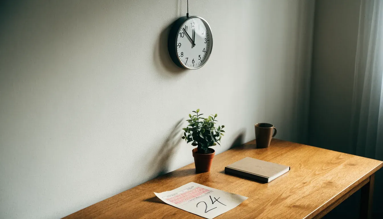 Eine Wanduhr hängt in einem ruhigen Büro, davor ein aufgeräumter Tisch mit einer Pflanze.