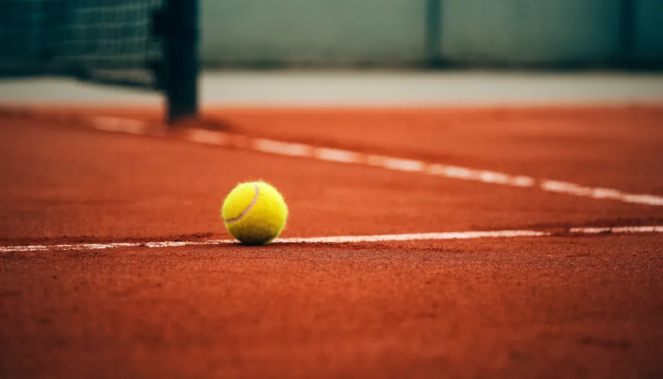 Ein Tennisball liegt auf rotem Sand neben einer verblassten Linie, das Licht ist weich.