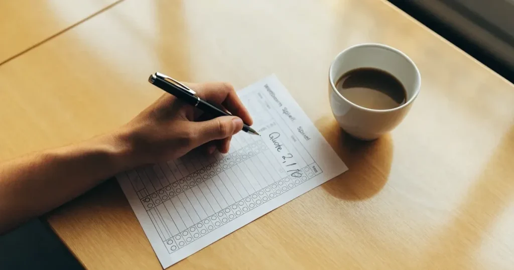 Eine Hand hält einen Stift über einem leeren Blatt, daneben eine Tasse Kaffee auf einem hellen Tisch.