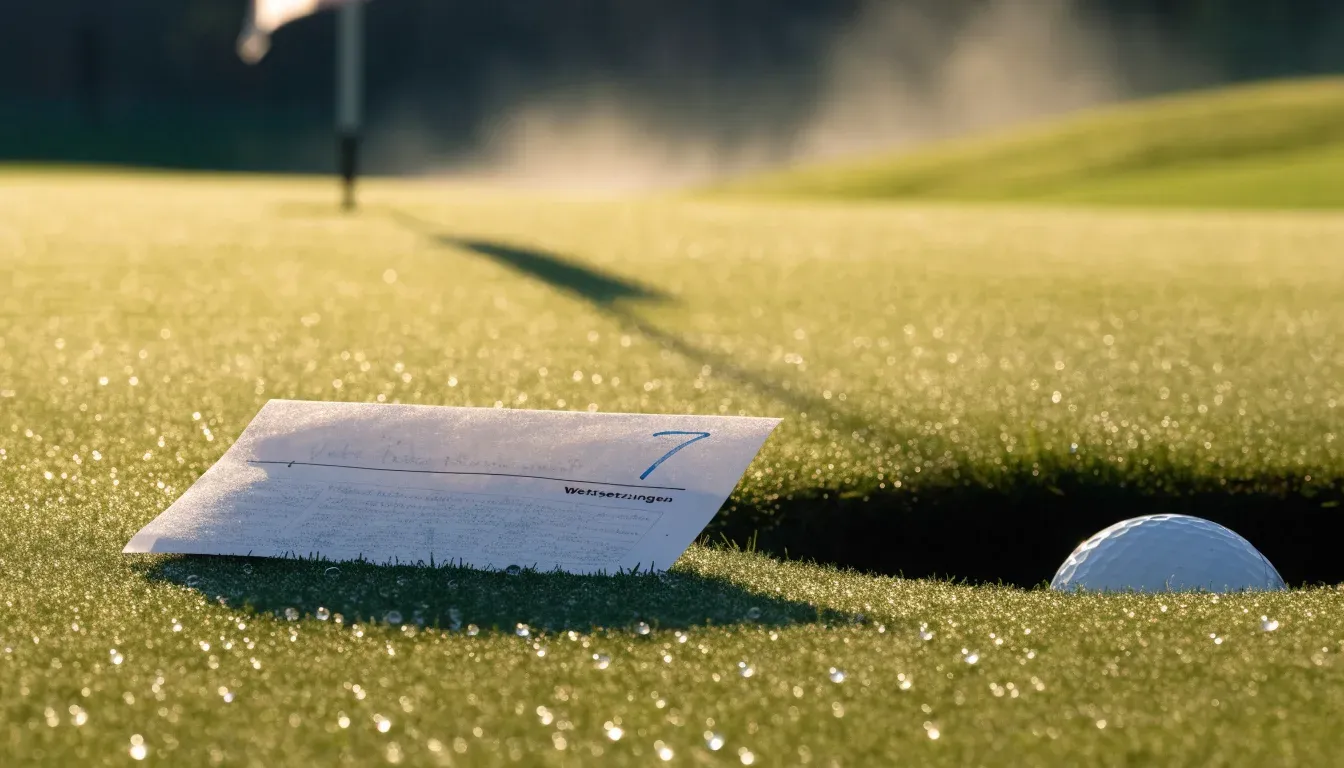 Ein Golfgrün liegt am frühen Morgen im Tau, ein Ball liegt nahe dem Loch.