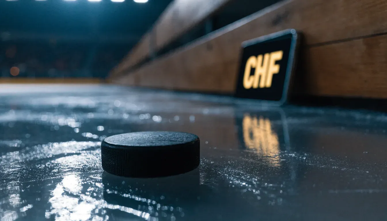 Ein Eishockeypuck liegt in Grossaufnahme auf glatter Eisfläche, im Eis spiegeln sich Hallenlichter.